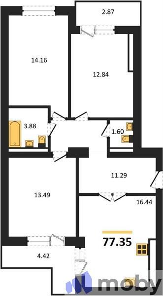 3-комнатная квартира, 77.4 м²