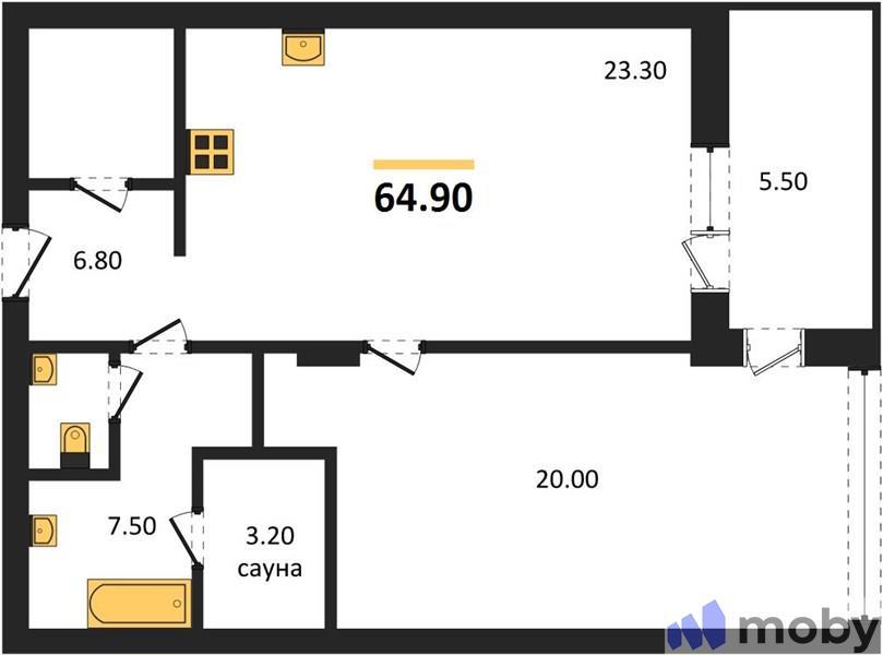 1-комнатная квартира, 63.5 м²