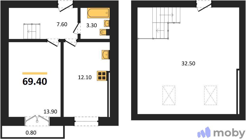 2-комнатная квартира, 69.4 м²