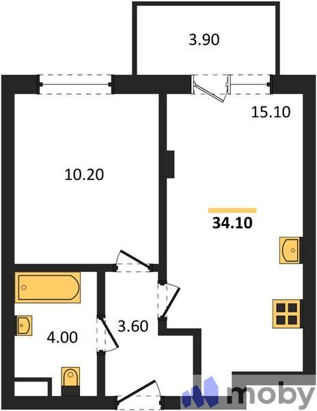 1-комнатная квартира, 34.1 м²