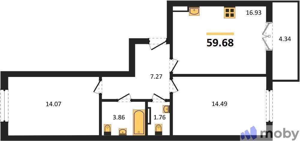 2-комнатная квартира, 59.7 м²