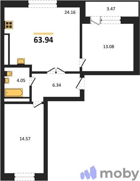 2-комнатная квартира, 63.9 м²