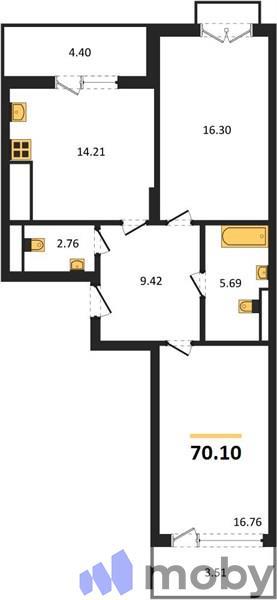 2-комнатная квартира, 70.1 м²