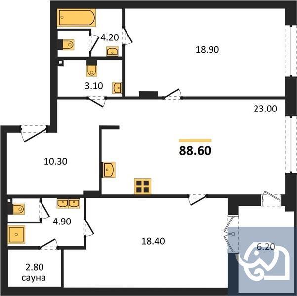 2-комнатная квартира, 88.6 м²