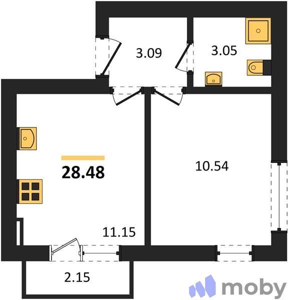 1-комнатная квартира, 28.5 м²