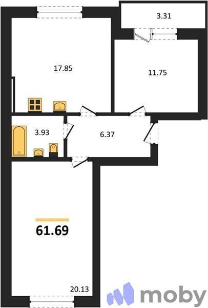 2-комнатная квартира, 61.7 м²