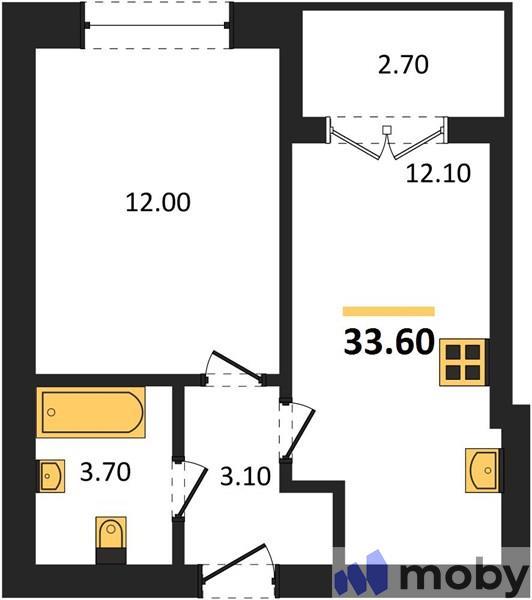 1-комнатная квартира, 33.6 м²