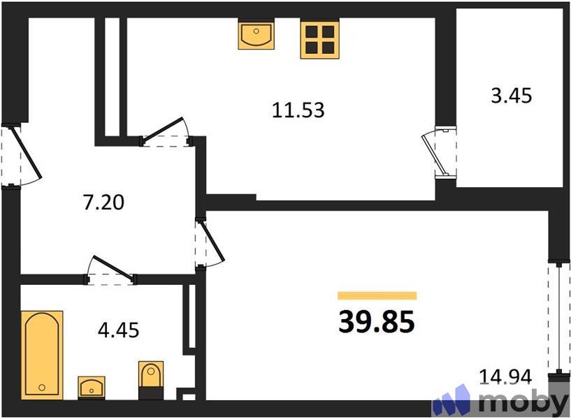1-комнатная квартира, 39.9 м²