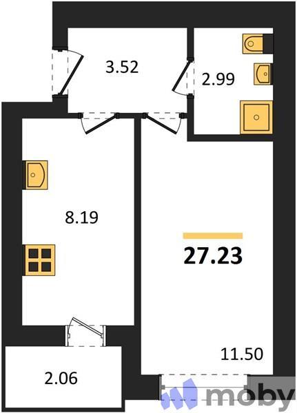 1-комнатная квартира, 27.2 м²