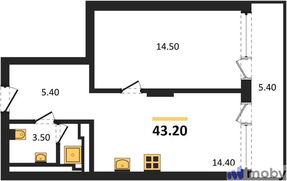 1-комнатная квартира, 43.2 м²