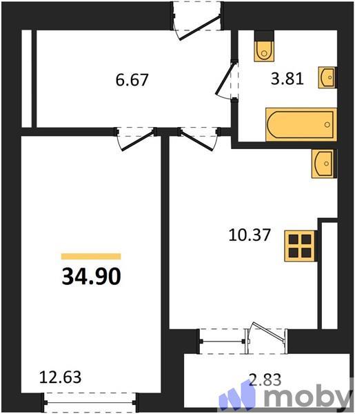 1-комнатная квартира, 34.9 м²