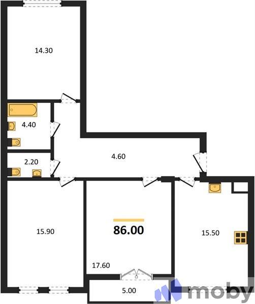 3-комнатная квартира, 86.0 м²