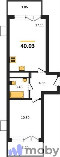 1-комнатная квартира, 40.0 м²