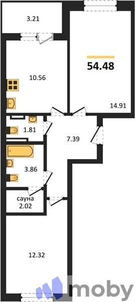 2-комнатная квартира, 54.5 м²