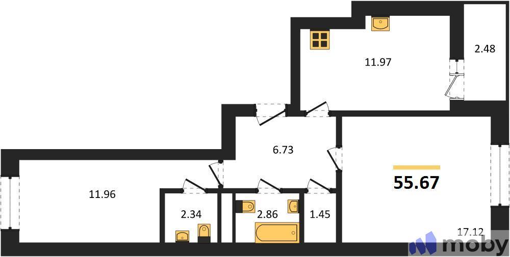 2-комнатная квартира, 56.9 м²