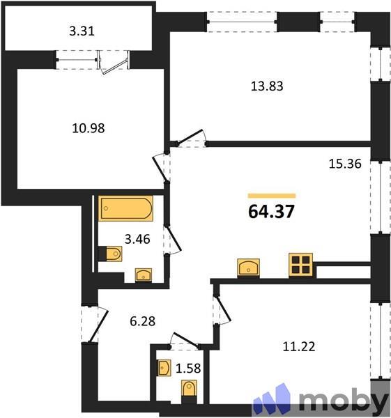 3-комнатная квартира, 64.4 м²