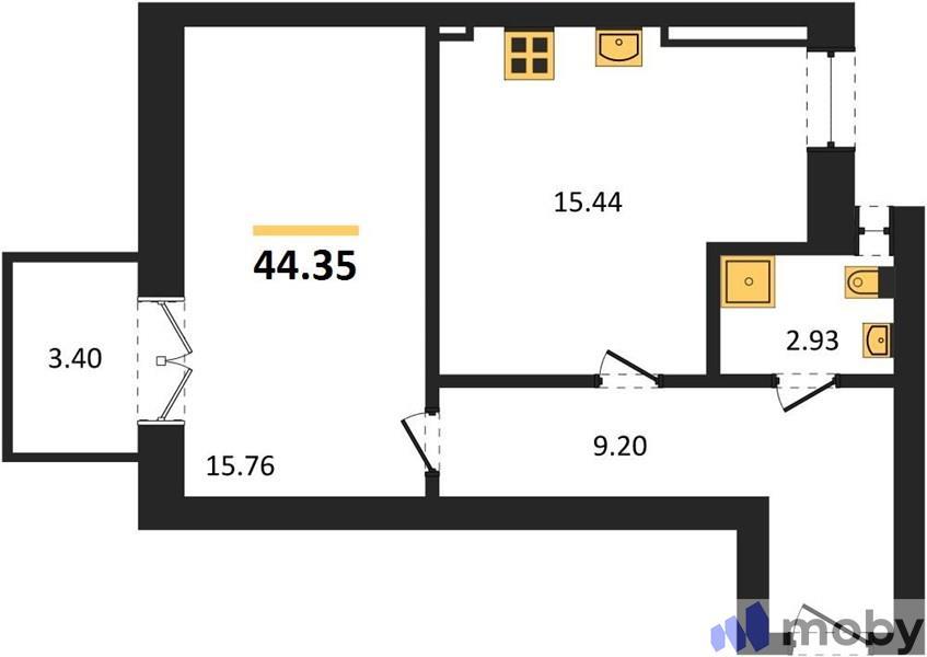 1-комнатная квартира, 44.4 м²