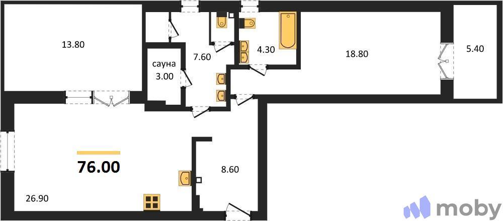 1-комнатная квартира, 76.0 м²