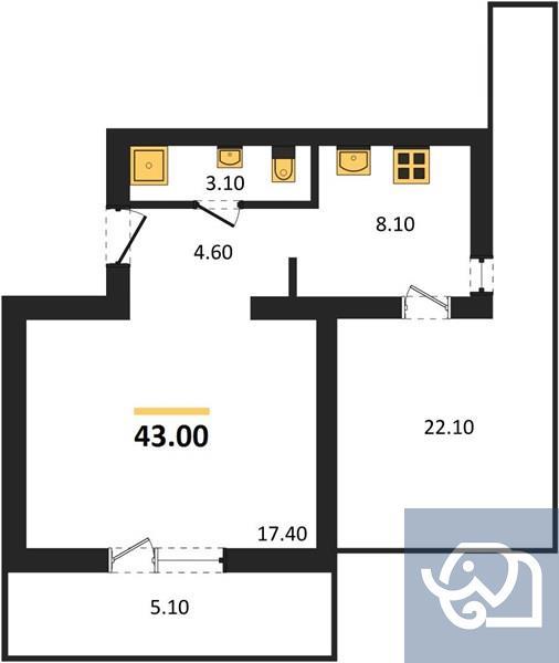 1-комнатная квартира, 43.0 м²