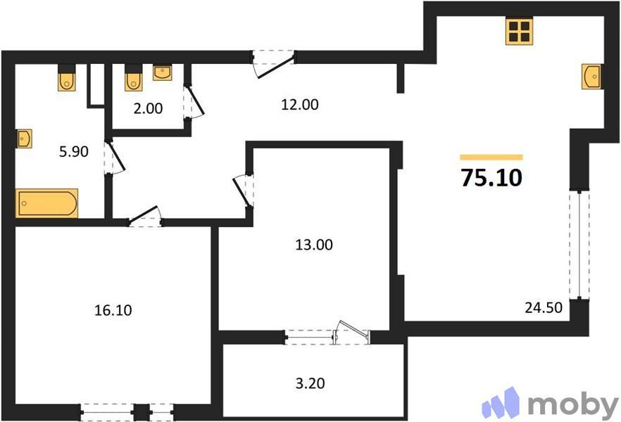 2-комнатная квартира, 75.1 м²