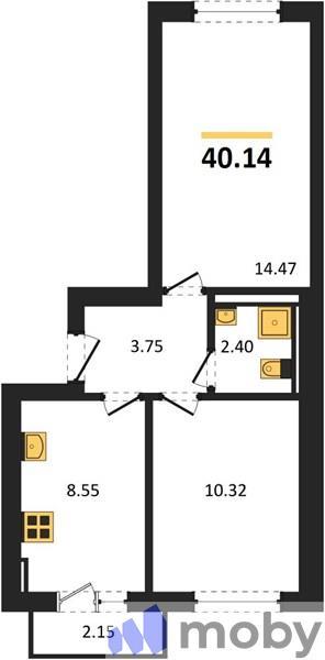 2-комнатная квартира, 40.1 м²