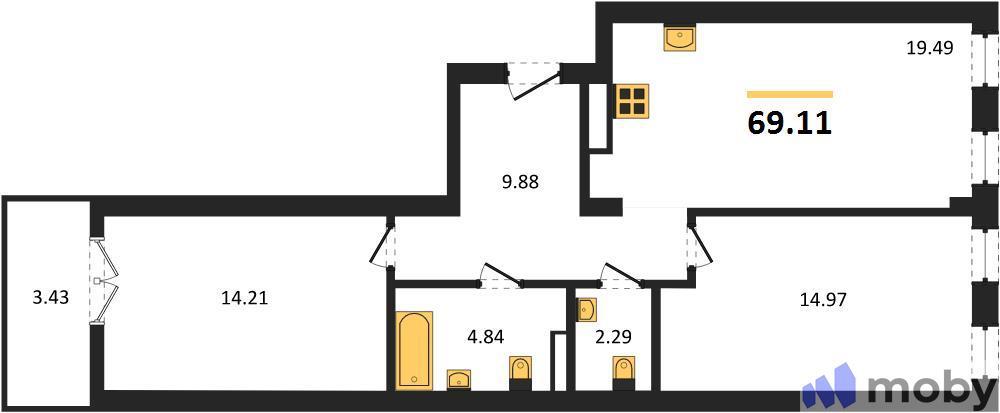 2-комнатная квартира, 67.4 м²