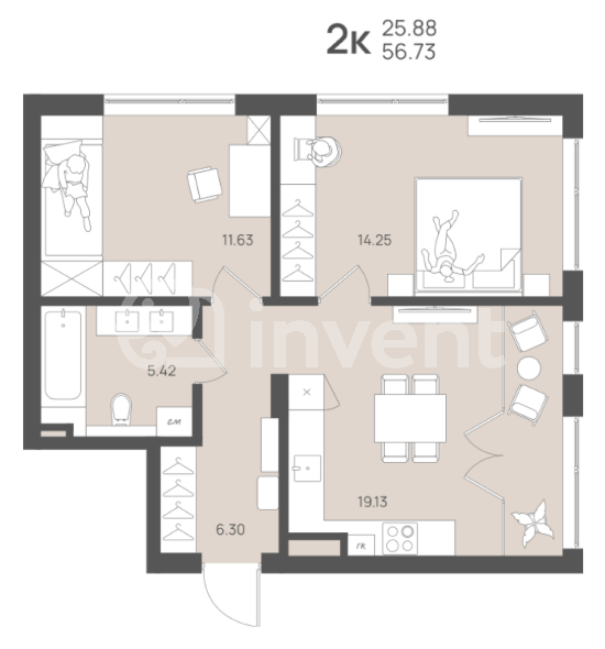 2-комнатная квартира, 56.7 м²