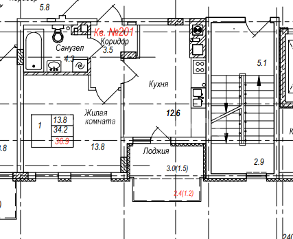 1-комнатная квартира, 36.9 м²