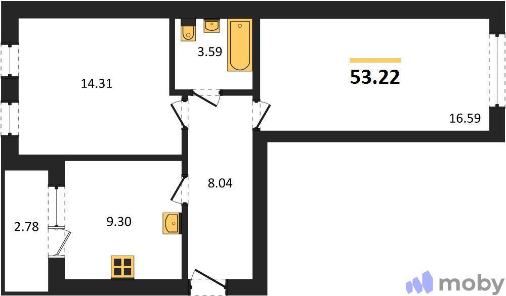 2-комнатная квартира, 53.2 м²