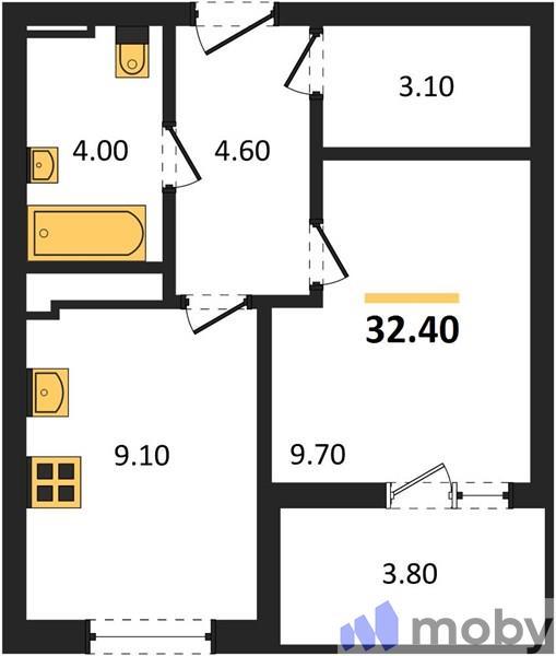 1-комнатная квартира, 32.4 м²
