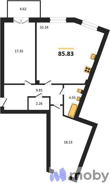 2-комнатная квартира, 85.8 м²