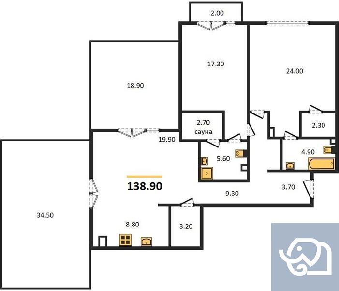2-комнатная квартира, 138.9 м²