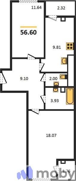 2-комнатная квартира, 56.6 м²