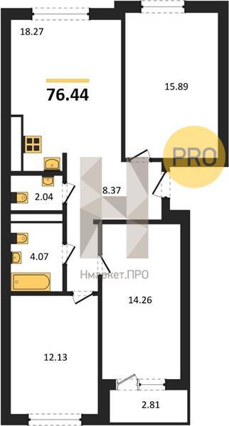 3-комнатная квартира, 76.4 м²