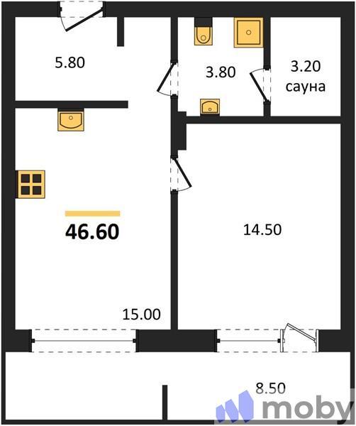 1-комнатная квартира, 46.6 м²