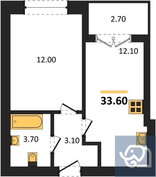1-комнатная квартира, 33.6 м²