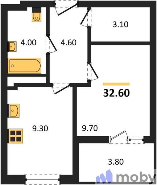 1-комнатная квартира, 32.6 м²