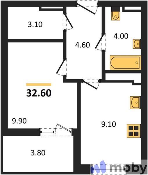 1-комнатная квартира, 32.6 м²