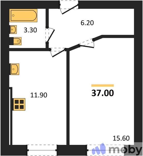 1-комнатная квартира, 37.0 м²