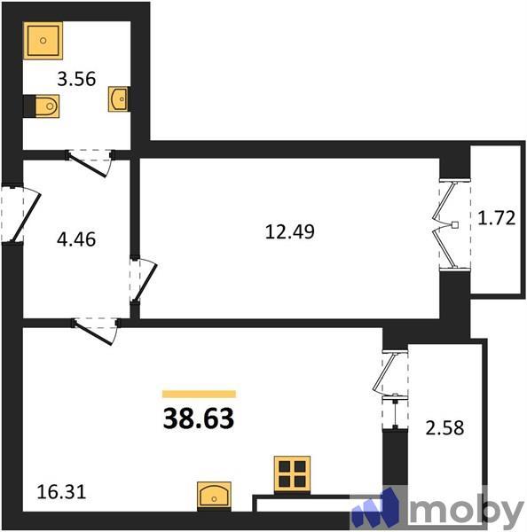 1-комнатная квартира, 38.6 м²