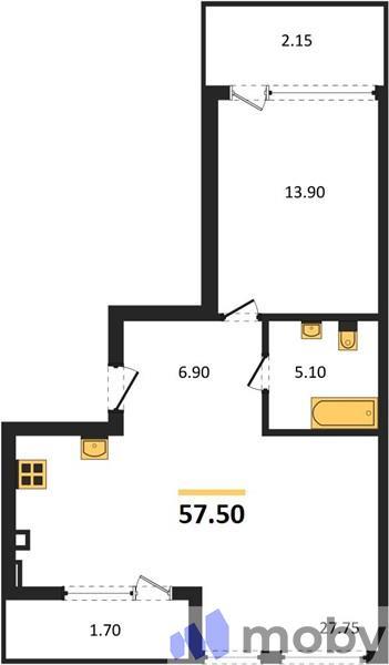 1-комнатная квартира, 57.5 м²