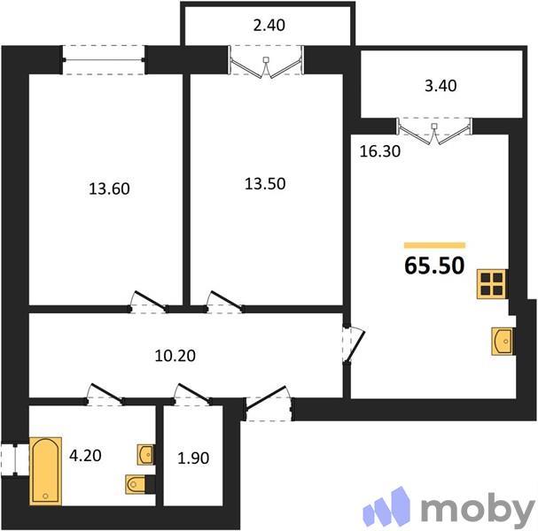 2-комнатная квартира, 65.5 м²