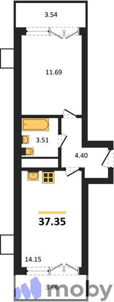 1-комнатная квартира, 37.4 м²