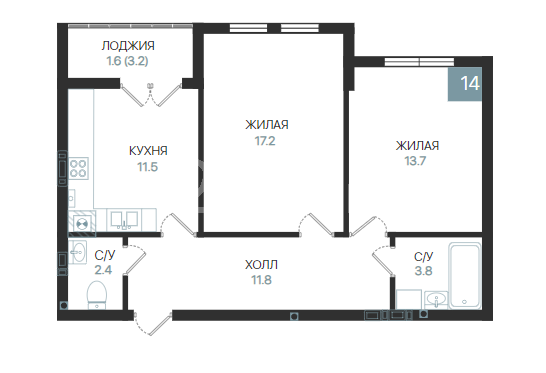 2-комнатная квартира, 62.0 м²