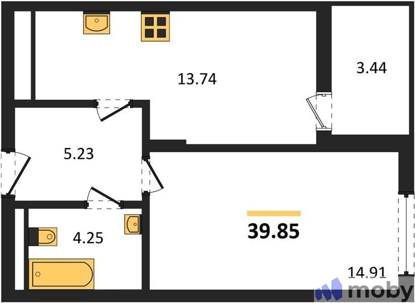 1-комнатная квартира, 39.9 м²
