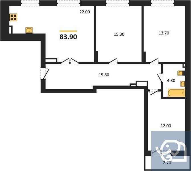 3-комнатная квартира, 83.9 м²