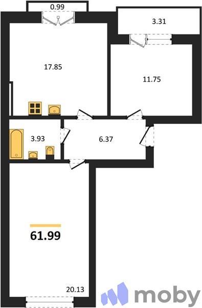 2-комнатная квартира, 62.0 м²