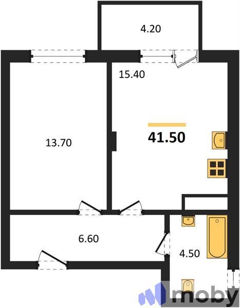 1-комнатная квартира, 41.5 м²