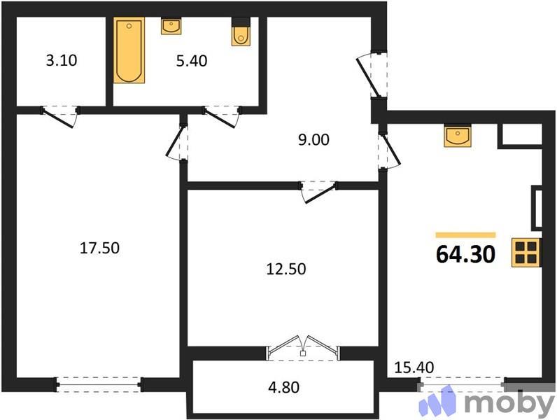 2-комнатная квартира, 64.3 м²