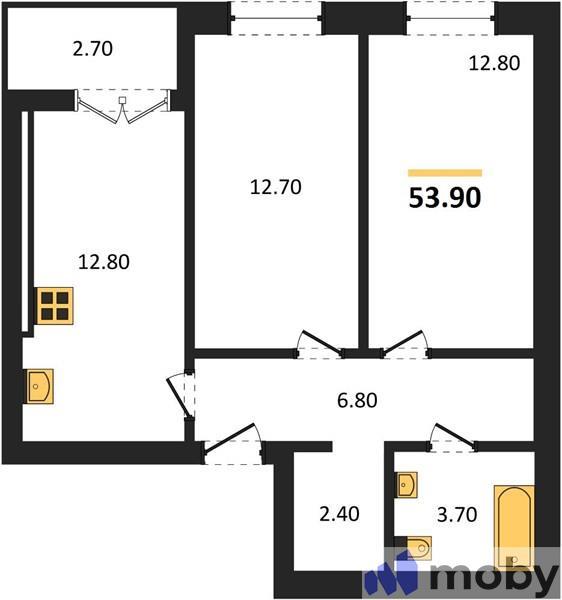 2-комнатная квартира, 53.9 м²